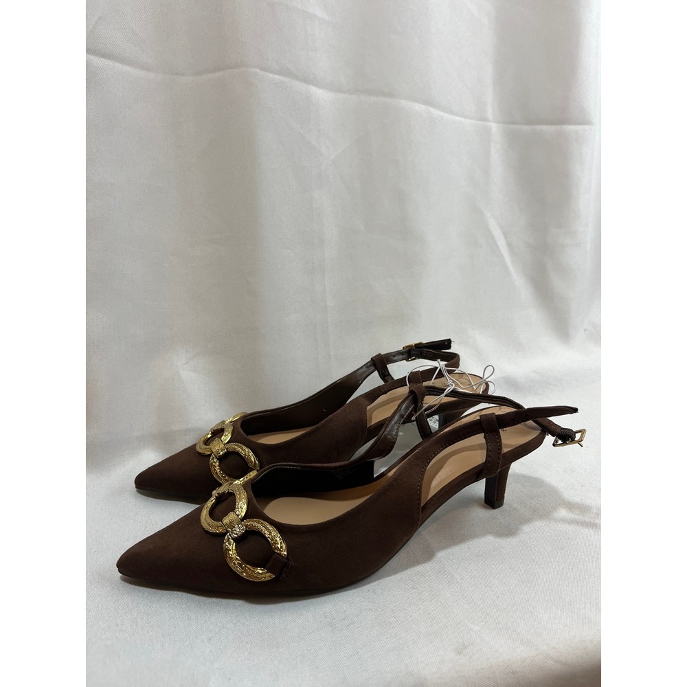 A New Day Brown Faux Suede Slingback Kitten Heels Gold Chain Detail Size 7
